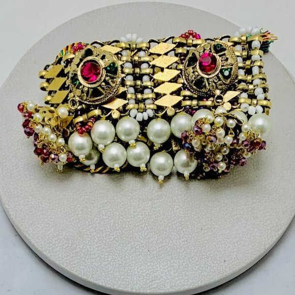 Golden Tone Metal Choker Necklace, Statement Collar Choker With Multicolor Beads - Picture 10 of 11